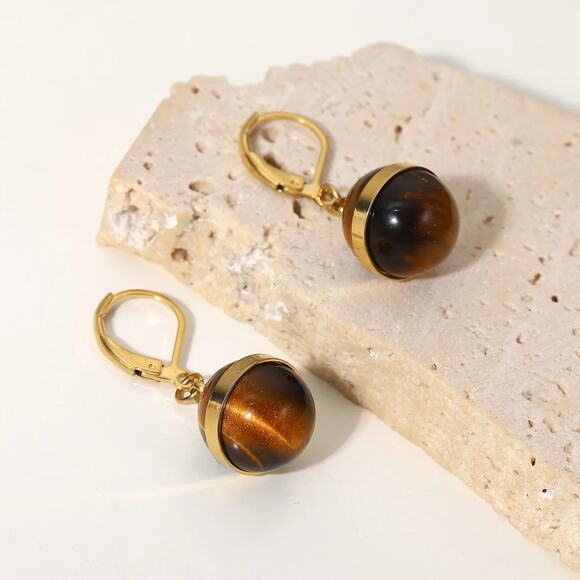 Lemonlimeblue Jewelry - Natural Tiger Eye Ball Agate Pendant Earrings 14K Gold Plated Stainless‎ Steel